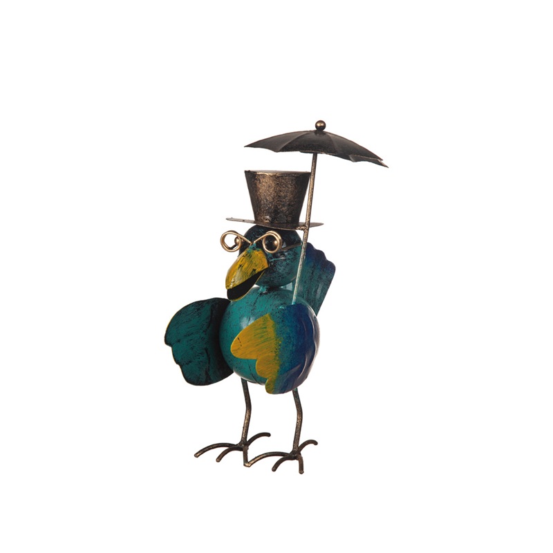Blå fågel med paraply i hamrad plåt