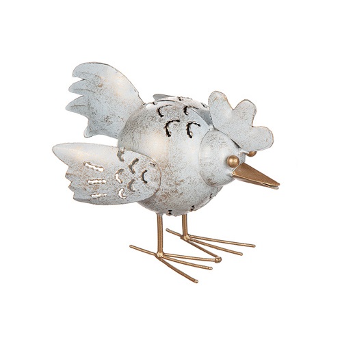 Hamrad kyckling på plåt. Kycklingen är i färgen vit med guldiga ben, näbb och ögon.