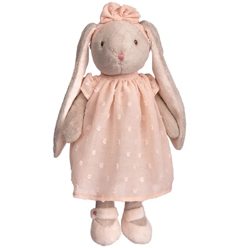 Kaninen Lenka från Bukowski Design gosedjur. Kaninen är i en gråaktig färg med rosa klänning, rosa skor och rosa rosett på huvudet. Inneröronen är rosa.