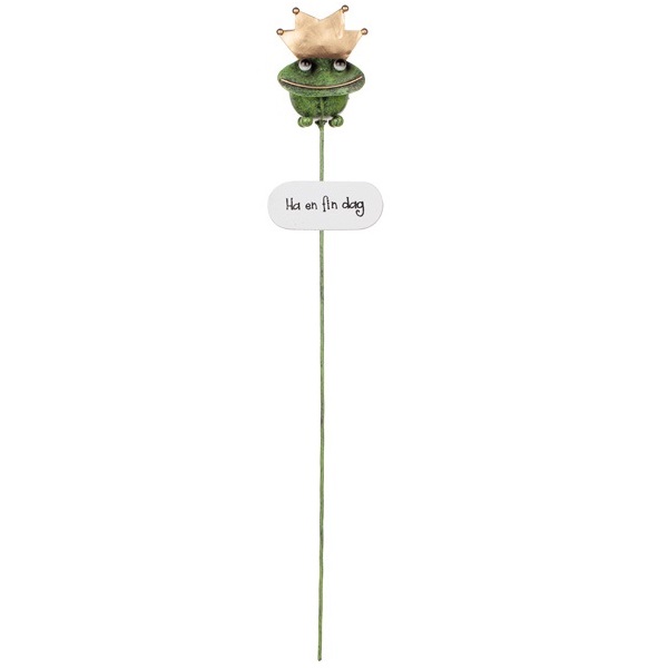 Vacker handgjord blomsterpinne i färgen grönt med en söt liten grodprins på toppen. Under grodan finns en skylt med texten: Ha en fin dag!