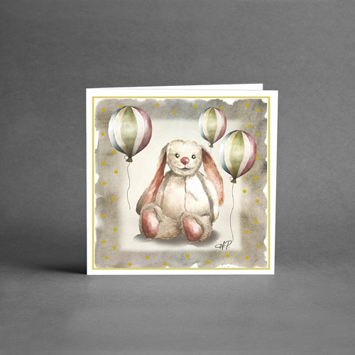Vitrosa kanin med ballonger runt sig. Kort från Card Store