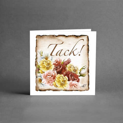 Vackert kort från Card Store med en bukett blommor och texten tack. 